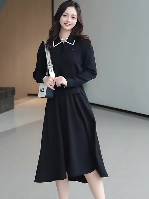 Mijie 2026 Spring French-Style Black Dress with Lapel Collar, Waist-Cinching, Slimming Mid-Length Dress with an Elegant and Mature Look