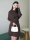 Mijie 2025 Autumn New Fashionable Coffee-Colored Fake Two-Piece Pleated Dress for Women, Elegant and Slimming Mid-Length Dress