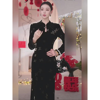 Mijie 2026 Spring New Chinese Style Black Dress for Women, Long Sleeve Stand Collar, Buttoned Velvet Printed Qipao Dress, Elegant