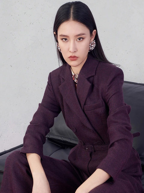 Mijie Old Money Style Dark Purple Suit Collar Jumpsuit for Women, Waist-Cinching Double-Breasted Professional Commuting High-End Jumpsuit