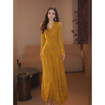 Mijie 2025 French-Style V-Neck Lace Dress for Women, Long-Sleeved, Waist-Cinching, Slimming, Elegant Long Dress with a Princess Vibe