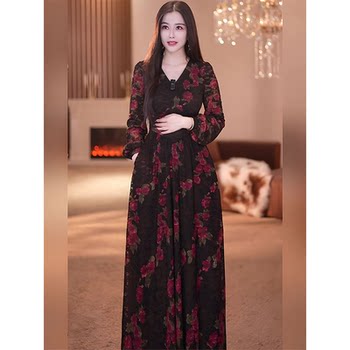 Yijie Retro Black Velvet Rose Print Dress for Women, Mid-Length High-End Lace Waist-Cinching Slimming Little Black Dress