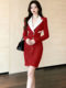 Elegant French-Style Red Blazer Dress for Women, with a Fitted Waist and Buttoned Design, Offering a High-End Feel and a Mid-Length Cut