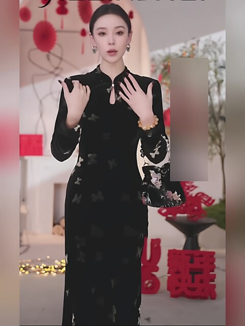 Mijie 2026 Spring New Chinese Style Black Dress for Women, Long Sleeve Stand Collar, Buttoned Velvet Printed Qipao Dress, Elegant