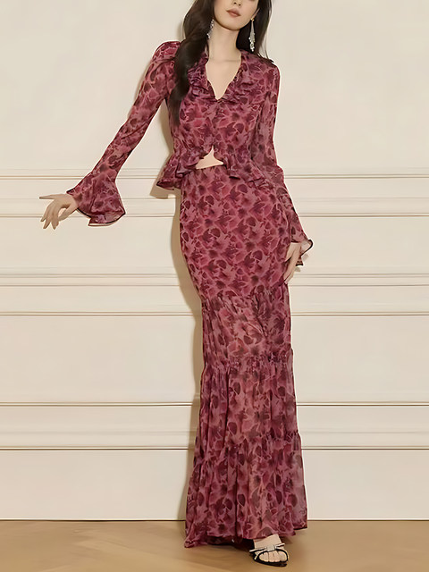 Mijie's 2025 Autumn New Stylish Red Maple Print Suit Dress for Women, Elegant and Slimming Two-Piece Set