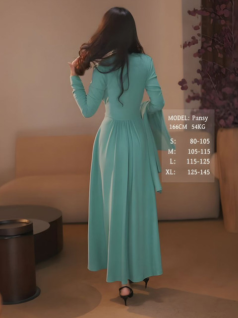Mijie 2025 spring new fashion mint blue V-neck waist dress feminine high-end slimming long skirt