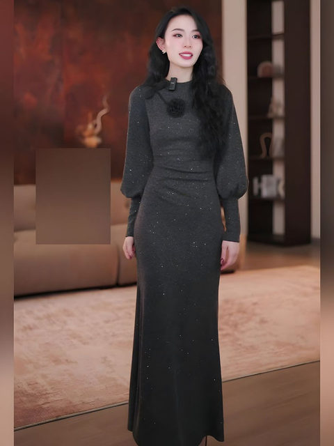 Mijie's New Autumn and Winter Minimalist Style Dark Gray Long-Sleeve Dress for Women, Elegant and Slimming, Waist-Cinching, Fitted Mermaid Long Dress