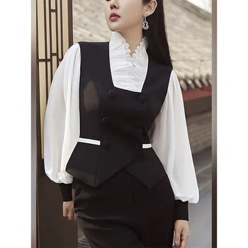 Mijie 2025 Autumn New Fashionable Black Fake Two-Piece Stand Collar Vest Shirt for Women, Elegant and Slimming Top