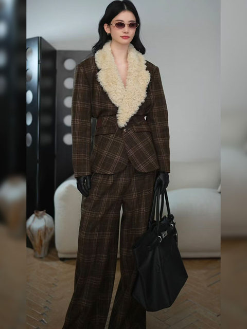 Mijie New Old Money Style Patterned Wool Collar Suit Women's Autumn and Winter Waist Deconstructed Woolen Jacket Wide Leg Pants