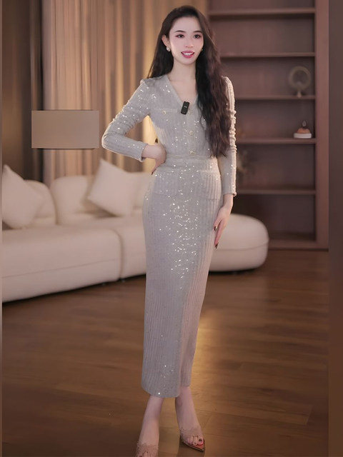 Mijie 2025 Autumn New Fashionable Apricot V-Neck Slim Waist Dress Women's Elegant High-End Slimming Mid-Length Dress