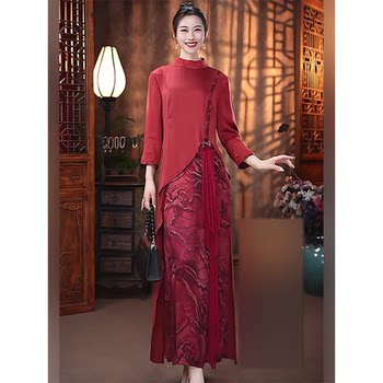 Mijie's 2025 Autumn New Stylish Red Jacquard Patchwork Dress with Ribbons, Elegant High-End Large Hem Dress for Women
