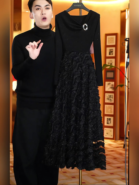 Mijie 2026 Spring New Luxury Style Black Lace Patchwork Dress for Women, High-End Slimming Elegant Long Dress