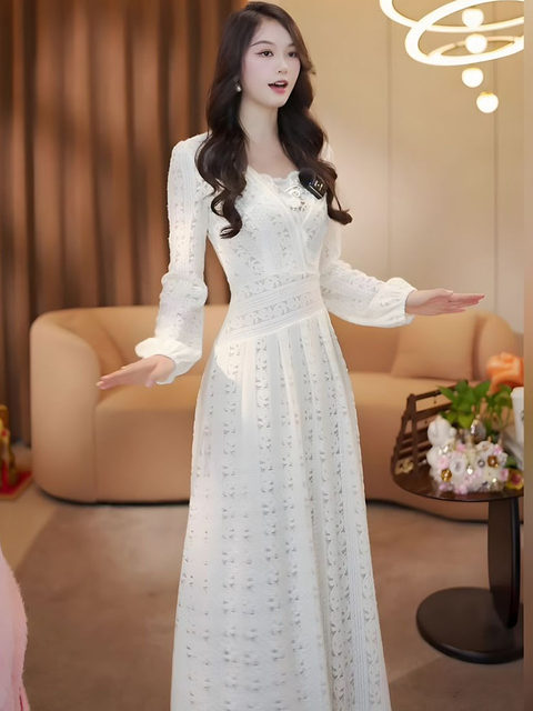 Mijiefa Autumn and Winter New Style Romantic White Lace Dress Women's Long-Sleeved Elegant Temperament Slimming Long Dress