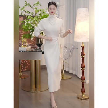 Mijie 2026 Spring Mature and Elegant Style High-Neck Long-Sleeve Dress for Women, White Waist-Cinching Tie Slimming Long Dress
