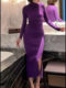 Mijinge's Mature and Simple Style High-Neck Knitted Dress for Women in Purple, Slim-Fitting, Hip-Hugging Long Dress with an Elegant and Mature Vibe That Makes You Look Slimmer