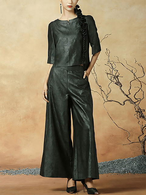 Mijie 2025 Summer New High-End Elegant Fragrant Cloud Silk Turtle Pattern Loose Mid-Sleeve Top and Wide-Leg Pants Two-Piece Set