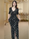 Mijie 2025 Autumn New Fashionable Black V-Neck Printed Slit Dress for Women, Elegant and Slimming Long Dress
