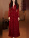 Mijie 2025 Winter Retro Red Lace Dress for Women, V-Neck, Waist-Cinching, Slimming, Mid-Length, High-End Elegant Dress