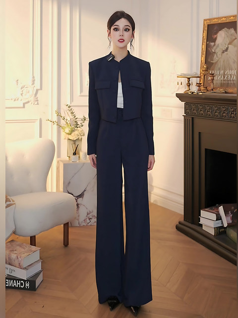 Mijie 2025 Autumn New Fashionable Age-Reducing Navy Blue Suit, Stylish and Slimming Top and Long Pants Two-Piece Set