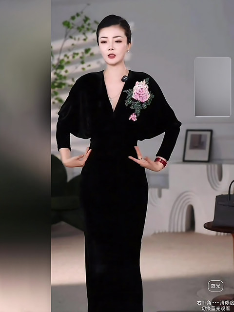 Mijie 2025 Winter New Black V-Neck Embroidered Dress for Women, Long-Sleeved, Slim-Fitting, Elegant and Stylish Long Dress