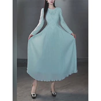 Mijie's 2025 Autumn New Stylish Blue Hollow-Out Round-Neck Dress for Women, Elegant and Slimming Mid-Length Dress