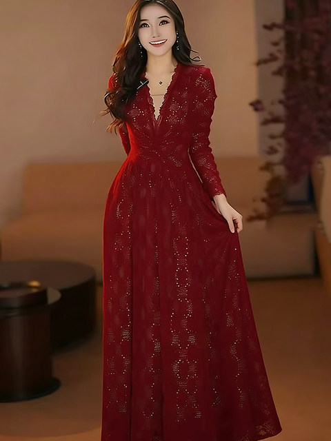 Mijie 2026 Spring Vintage Red Lace Dress for Women V-Neck Waist-Cinching Slimming Long Dress High-End Elegant Dress