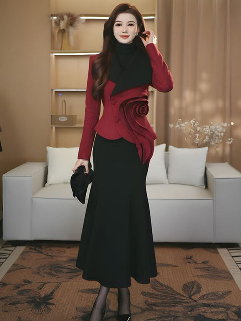Mijie 2025 new autumn and winter women's clothing fashionable and elegant red rose top fishtail skirt waist slimming suit