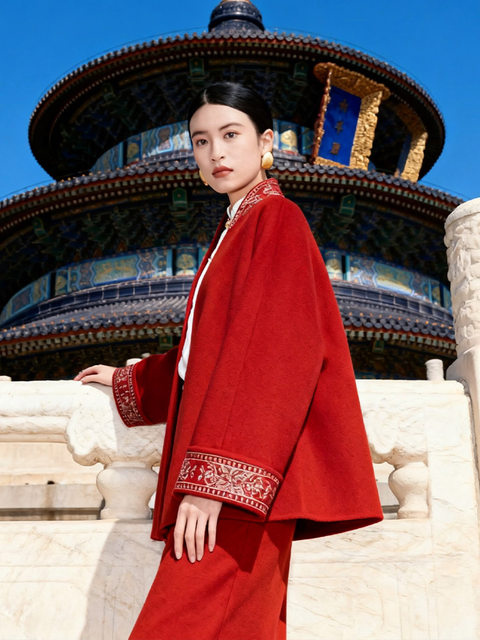 Mijie Autumn and Winter New New Chinese Style Stand Collar Embroidered Wool Coat Women's Red Mid-Length Wool Jacket Chinese Style