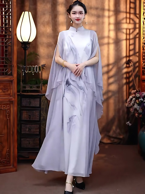 Mijie 2026 Spring New Chinese Style Ink Print Dress for Women, Long Sleeve Stand Collar, Elegant Slimming Long Dress