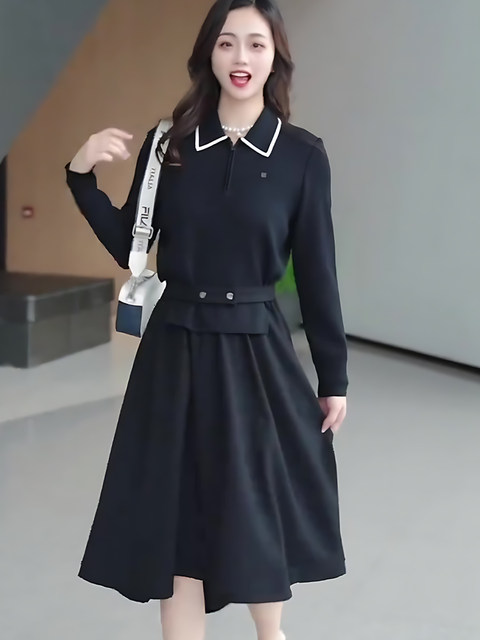Mijie 2026 Spring French-Style Black Dress with Lapel Collar, Waist-Cinching, Slimming Mid-Length Dress with an Elegant and Mature Look