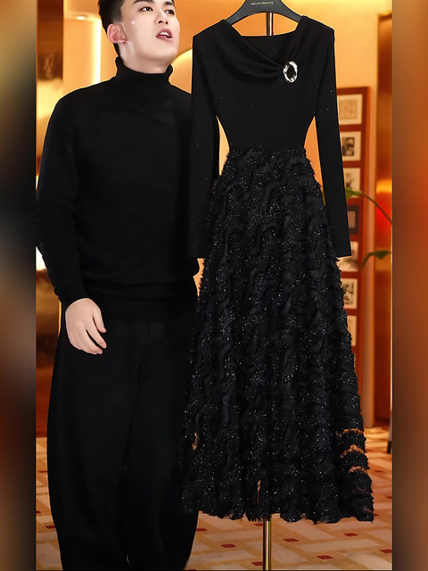 Mijie 2026 young luxury black long-sleeved dress women's waist slimming high-end temperament long skirt heavy industry bright silk