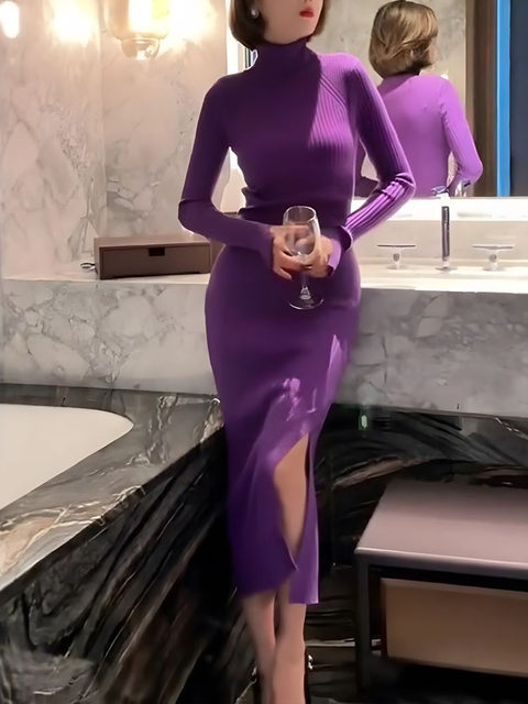 Mijinge's Mature and Simple Style High-Neck Knitted Dress for Women in Purple, Slim-Fitting, Hip-Hugging Long Dress with an Elegant and Mature Vibe That Makes You Look Slimmer