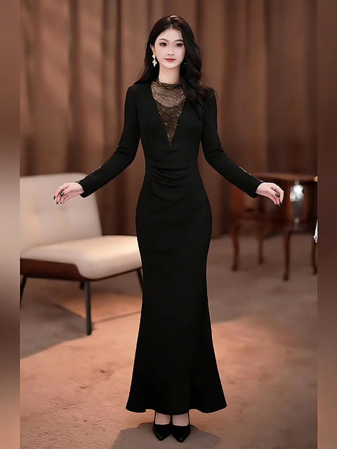 Mijie 2025 Winter Luxury Black Dress for Women, Long-Sleeved, Waist-Cinching, Stylish, Elegant, Goddess-Like, Fashionable Long Dress