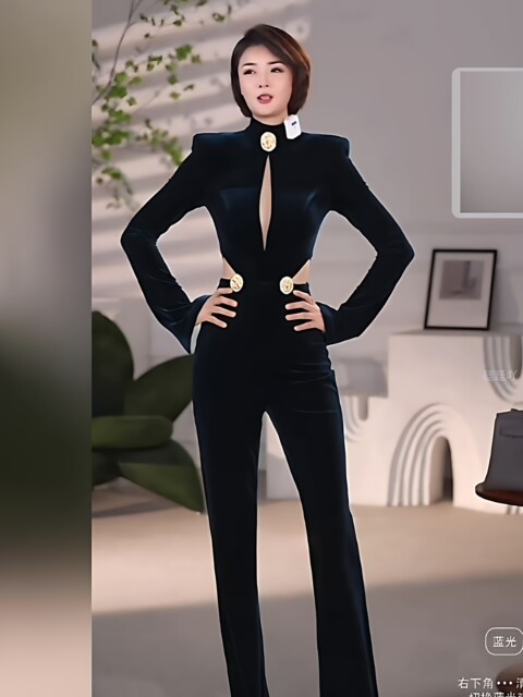 Mijie 2025 Winter Fashion Evening Style Jumpsuit for Women, Deep Blue V-Neck, Long Sleeves, High Waist, Slightly Flared, Elegant and Stylish