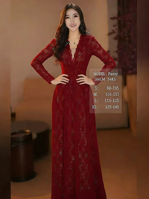 Mijie 2026 Spring Vintage Red Lace Dress for Women V-Neck Waist-Cinching Slimming Long Dress High-End Elegant Dress