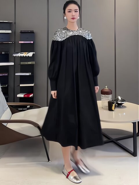 Mijie 2025 New Black Elegant and Slimming Dress for Women, Suitable for Daily Wear and Commuting, Loose and Versatile Long Dress