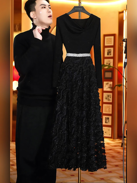 Mijie 2026 Spring Black Sequin Dress for Women, High-End Waist-Cinching Slimming Long Dress with a Luxurious and Elegant Style