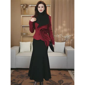 Mijie's 2025 Autumn and Winter New Women's Fashion Elegant Red Rose Top and Fishtail Skirt Waist-Slimming Set