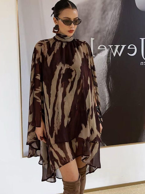 Mijie 2025 New Stylish Age-Reducing Coffee-Colored Fashion Dress for Women, Elegant and Beautiful, Long-Sleeved, Loose and Slimming Dress