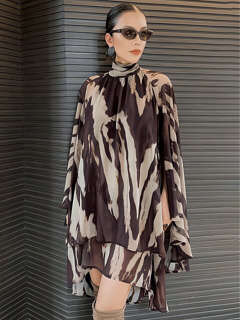 Mijie 2025 New Stylish Age-Reducing Coffee-Colored Fashion Dress for Women, Elegant and Beautiful, Long-Sleeved, Loose and Slimming Dress