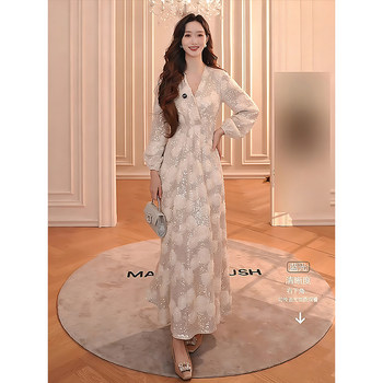 Mijie 2025 Winter French Elegant V-Neck Sequin Dress for Women, White Slimming High-End Waist-Cinching Long Dress