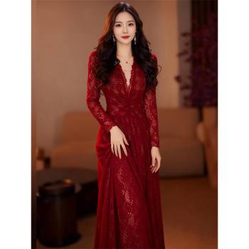 Mijie 2025 Winter Retro Red Lace Dress for Women, V-Neck, Waist-Cinching, Slimming, Mid-Length, High-End Elegant Dress