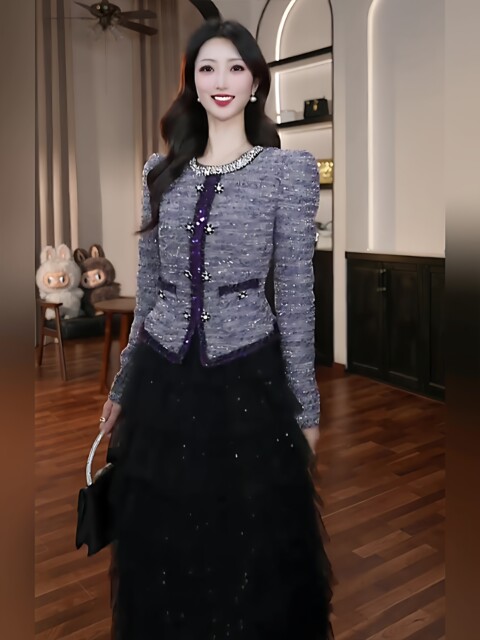 Mijie 2025 Chanel-Style Mesh Dress for Women with Sequins, Faux Two-Piece, Slimming Layered Dress, High-End Elegant Long Dress