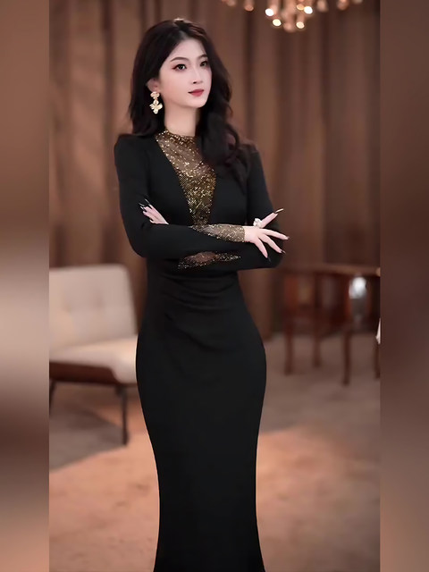 Mijie 2025 Winter Luxury Black Dress for Women, Long-Sleeved, Waist-Cinching, Stylish, Elegant, Goddess-Like, Fashionable Long Dress