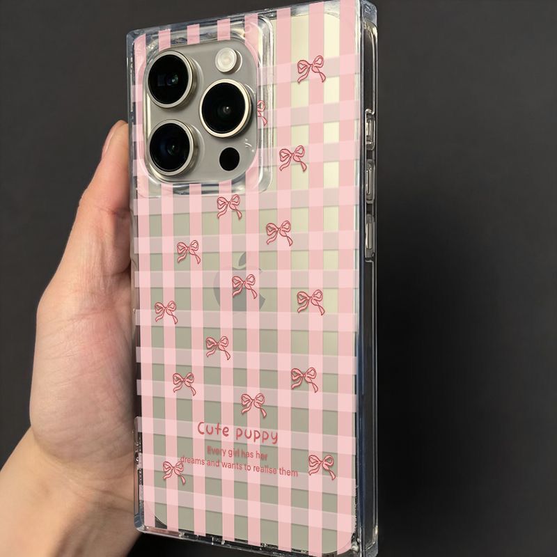 Pink Plaid Bowknot Case Suitable for Apple 17 Pro Max Phone Case, iPhone 16 Pro Transparent Rectangular Case, 15 Pro Max with Straight Edges, 14 Plus Girly Style, 13/12 Square Soft Case, 11 Pink Plaid Bowknot Case Suitable for Apple 17 Pro Max Phone Case, iPhone 16 Pro Transparent Rectangular Case, 15 Pro Max with Straight Edges, 14 Plus Girly Style, 13/12 Square Soft Case, 11