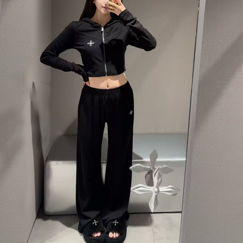 Trendy Brand Sports Jogging Suit Casual Solid Color Versatile Slim-Fit Zip-Up Short Sweatshirt + Straight-Leg Long Pants Two-Piece Set