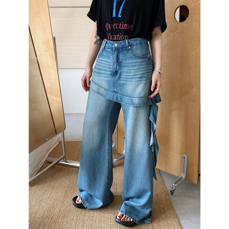 Prase Lu Lulu【Denim Flared Pants】Summer Fashionable High-Waisted Ruffle Flared Pants for Slightly Chubby Figures, Slimming and Slightly Flared Pants Prase Lu Lulu【Denim Flared Pants】Summer Fashionable High-Waisted Ruffle Flared Pants for Slightly Chubby Figures, Slimming and Slightly Flared Pants