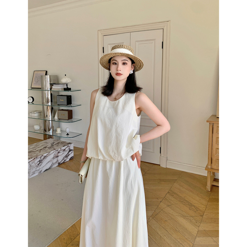 Prase Lu Lulu【Yun Xu】Summer Slimming Loose-Fitting Elegant White Fashionable Sleeveless Skirt Set for Slightly Chubby Figures Prase Lu Lulu【Yun Xu】Summer Slimming Loose-Fitting Elegant White Fashionable Sleeveless Skirt Set for Slightly Chubby Figures