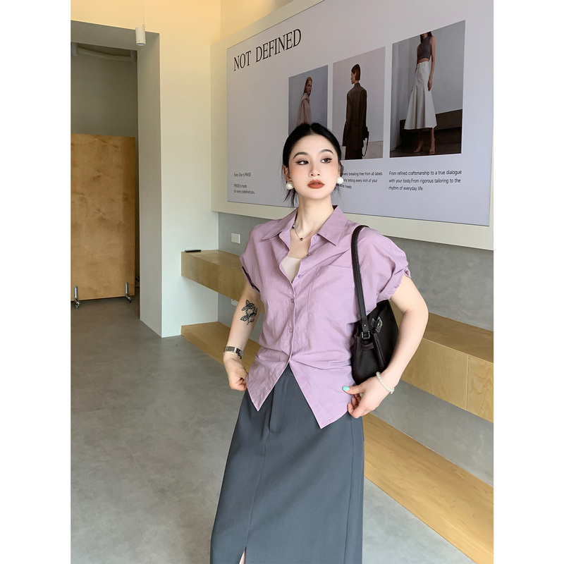 Prase Lu Lulu【Light and Refreshing Summer】Summer Slimming Top for Slightly Chubby Figures, Tie-Up Short-Sleeve Shirt Prase Lu Lulu【Light and Refreshing Summer】Summer Slimming Top for Slightly Chubby Figures, Tie-Up Short-Sleeve Shirt