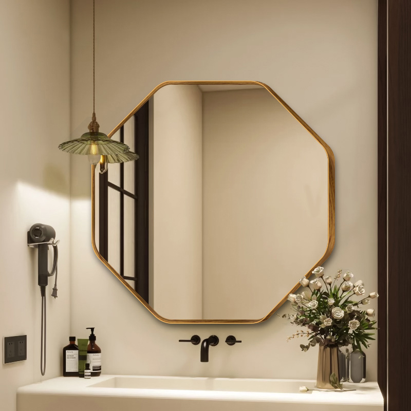 Retro Octagonal Bathroom Mirror Wall-Mounted Washbasin Ultra-Clear Glass Bathroom Mirror with Irregular Frame Vintage Bathroom Mirror